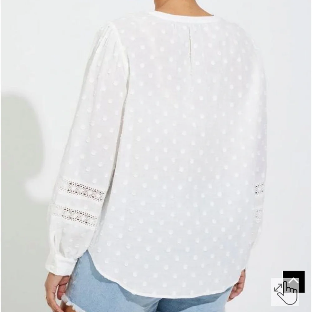 NWT Torrid Cotton Clip Dot Lace Trim Long Sleeve Top-White - Picture 2 of 3